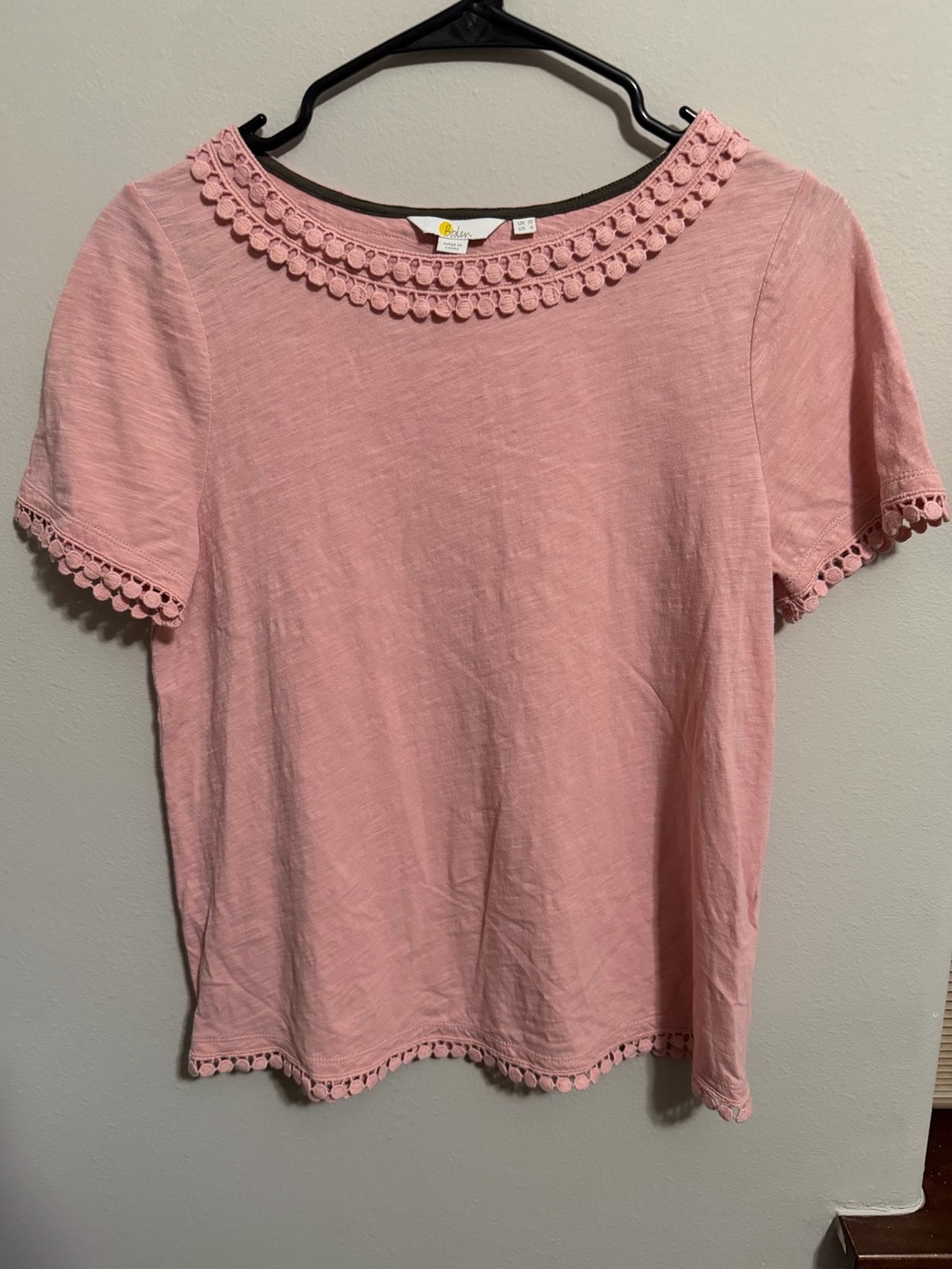 Boden Pink Crochet Trim Short Sleeve Tee Size US 6